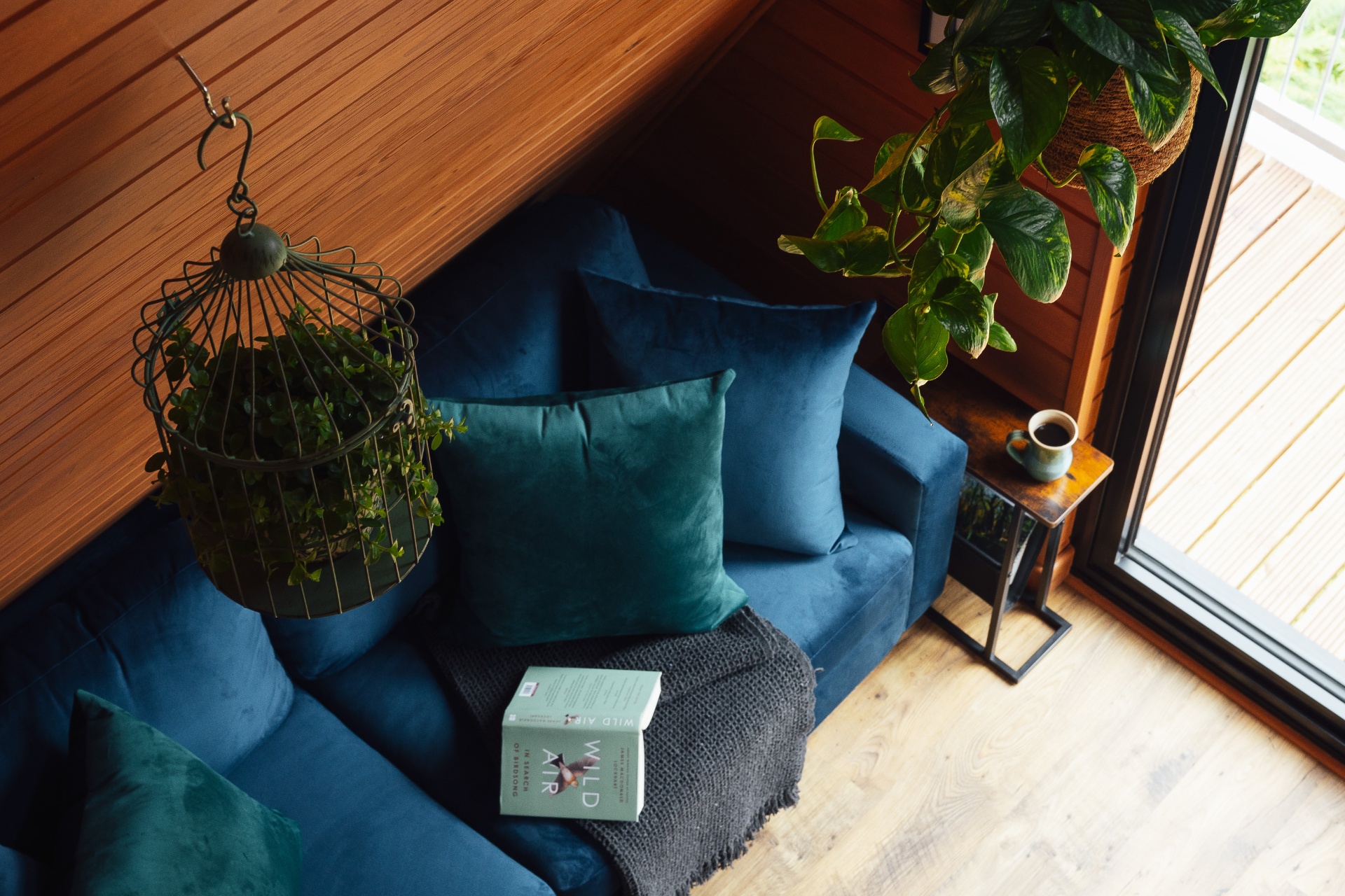 Overhead view of the navy velvet sofa with green cushions, a knit throw and a copy of Wild Air, beside a hanging birdcage planter and pothos by the bifold doors